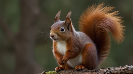 Red squirrel perched on a branch in a forest.