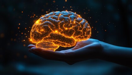 Fototapeta premium Concept of nurturing ideas illustrated by a hand holding a glowing brain, illuminated at night, soft glowing light against a dark backdrop, symbolizing innovation