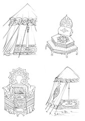 Gazebo garden modern graphic black white architect landscape sketch vertical illustration vector
