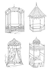 Gazebo garden modern graphic black white architect landscape sketch vertical illustration vector
