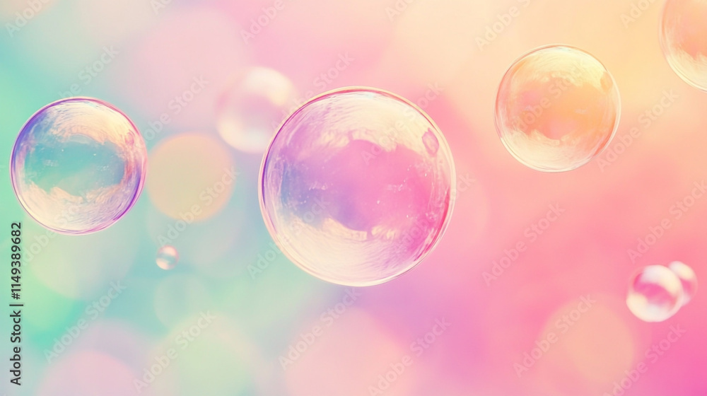 Poster bubbles floating in soft pastel colors creating a dreamy atmosphere in a sunny environment