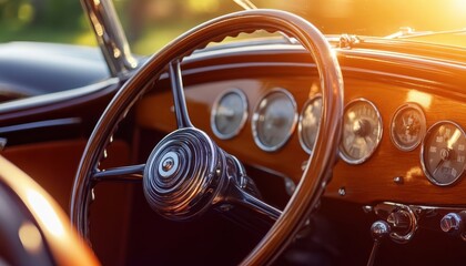 Classic Car Interior Detail: Vintage Wooden Dashboard and Steering Wheel in Golden Hour Sunlight