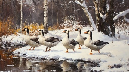 Winter Geese by the Stream: A Snow-Covered Wonderland