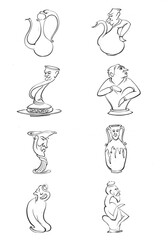 Traditional and old dishes designed by hand with white background
