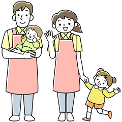 女性保育士と男性保育士と子供たち