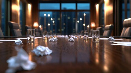 Corporate Chaos Unleashed: Sinister Boardroom with Empty Glasses and Crumpled Papers - Photorealistic 3D Render Illustration