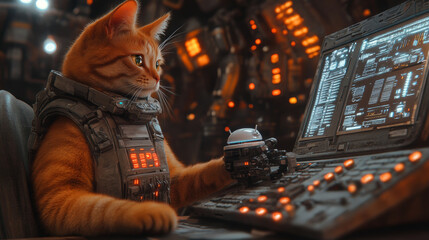 A Orange Cat Is Operating On The Desk with Robot