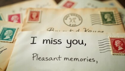Close-up of handwritten "I miss you" note among vintage postcards and letters