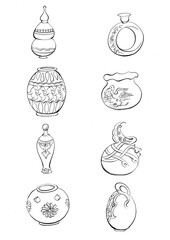 Traditional and old dishes designed by hand with white background
