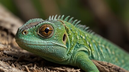 Fototapeta premium Close-up of a vibrant green lizard on wood.
