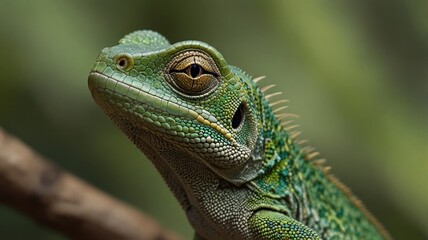 Obraz premium Close-up of a vibrant green lizard perched on a branch, showcasing intricate scales and expressive eyes.