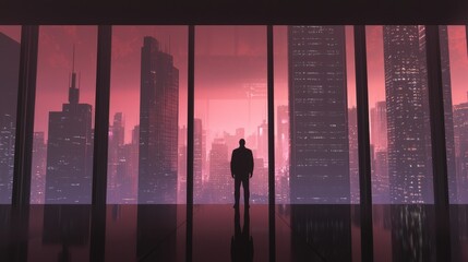 Fototapeta premium Ambition in the Shadows: Sinister Corporate Figure Contemplating City Lights through Office Window in Photorealistic 3D Render