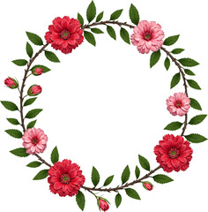 A circular floral wreath composed of pink and red flowers interwoven with green leaves on a thin brown vine. The design is symmetrical, vibrant, and suitable for decorative or seasonal themes.