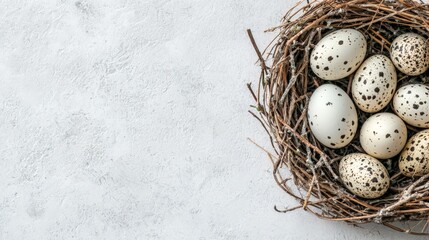 a birds nest with white eggs on a white marble surface