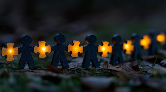 A line of dark gray puzzle people figures holding hands, glowing softly in the twilight.  They represent unity and connection.