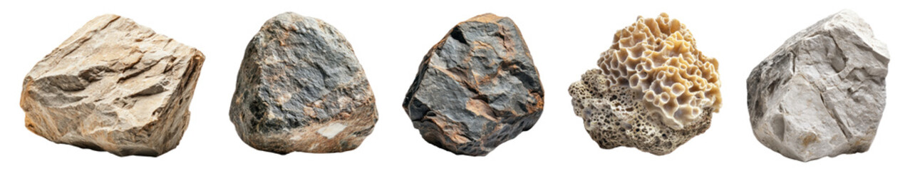 Obraz premium PNG Diverse textured natural rocks, isolated element set, transparent background