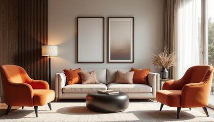 Elegant Modern Living Room with Light Orange Sofa, Decorative Cushions, Black Coffee Table, Artwork, and Natural Light Streaming Through Large Window
