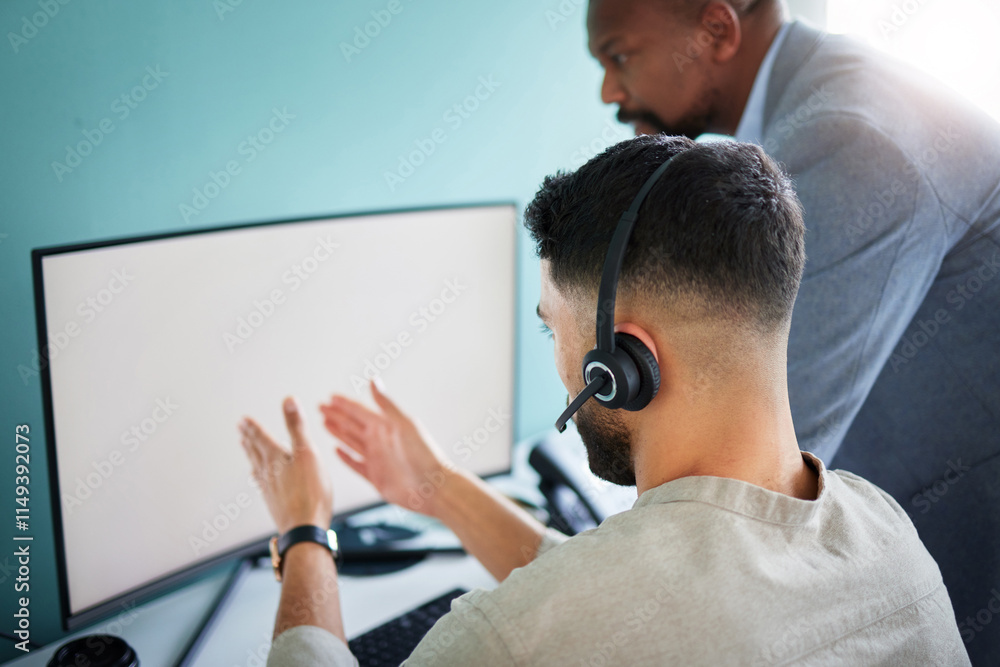 Poster mockup screen, manager or man on computer in call center for customer service, communication or cont