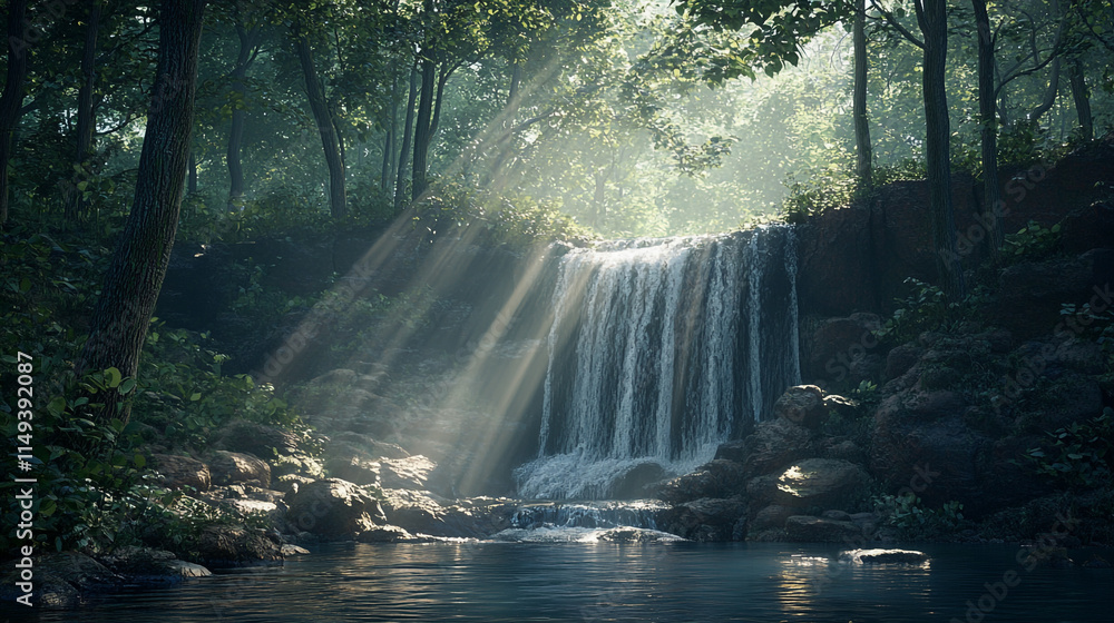 Poster waterfall cascading in a tranquil forest with sunlight filtering through trees