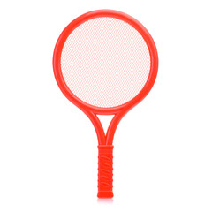 Badminton set made of plastic for children, isolated on a white background. Toy rockets, a shuttlecock ball for playing tennis. Children's sports. Development of a child's sports skills
