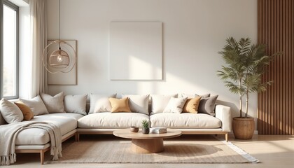 Contemporary Living Room with Light Sofa, Wooden Coffee Table, Decorative Objects, and Large Windows Offering a View of Greenery Outside