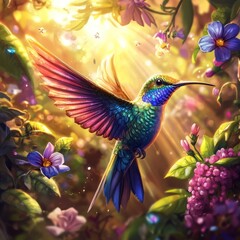 Obraz premium Vibrant hummingbird in flight amidst blooming flowers, bathed in sunlight.