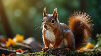 Obraz premium Red squirrel sitting on mossy log in autumn forest.
