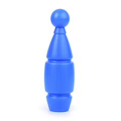 Multi colored bowling pins and a bowling ball isolated on a white background. Children's plastic bowling set, close-up. Active sports games, children's leisure
