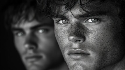 Obraz premium Black and white portrait, two men, close-up faces.