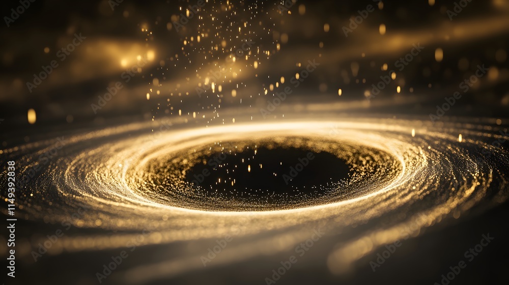 Poster golden particles falling into a dark circular vortex