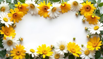 Spring banner with a white space surrounded by daisy flowers and greenery.Renewal. Freshness. Spring vibes.Spring banner, copy space, seasonal greetings, event promotion, nature theme, floral backgrou
