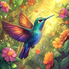 Vibrant hummingbird in flight amidst blooming flowers.