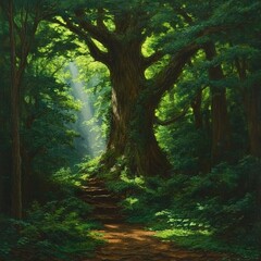 Obraz premium Sunlit Forest Path Leading to Ancient Tree