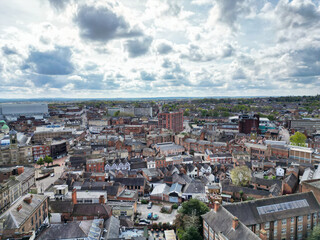 An Aerial View of Downtown and Central Derby City Centre of Midlands England, Great Britain