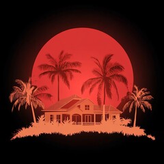Obraz premium Tropical House Silhouette at Sunset with Palm Trees