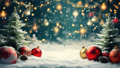 Beautiful winter scene with Christmas decorations and snow. Great for holiday backgrounds and festive designs.

