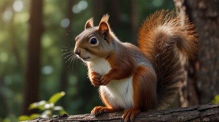 Obraz premium Adorable red squirrel perched on a tree branch in a forest. (1)