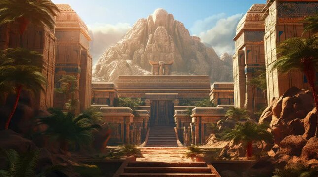 A view of Egypt mysterious ancient building and mountain rock. 4k animated video