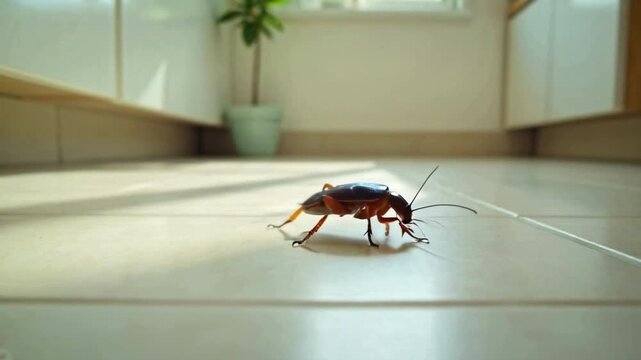 Close-up of cockroaches crawling on a tiled kitchen floor with wooden cabinets in the background