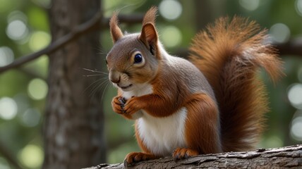 Adorable red squirrel sitting on a tree branch, eating.