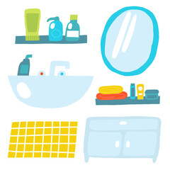 Bathroom interior objects set. Cute hand drawn doodle house furniture inside items, mirror, tile, sink, tap, soap, towel, shelf, gel, cosmetics, shampoo, table, cream. Modern restroom elements