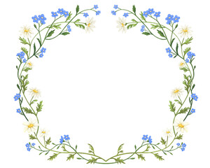 Round wreath with daisies and forget-me-nots