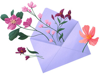 Lilac envelope with flowers flying out of it