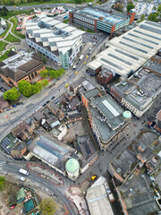 An Aerial View of Downtown and Central Derby City Centre of Midlands England, Great Britain