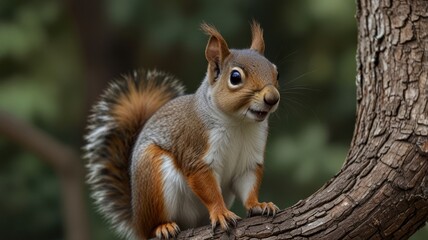 Obraz premium Curious red squirrel perched on a tree branch.