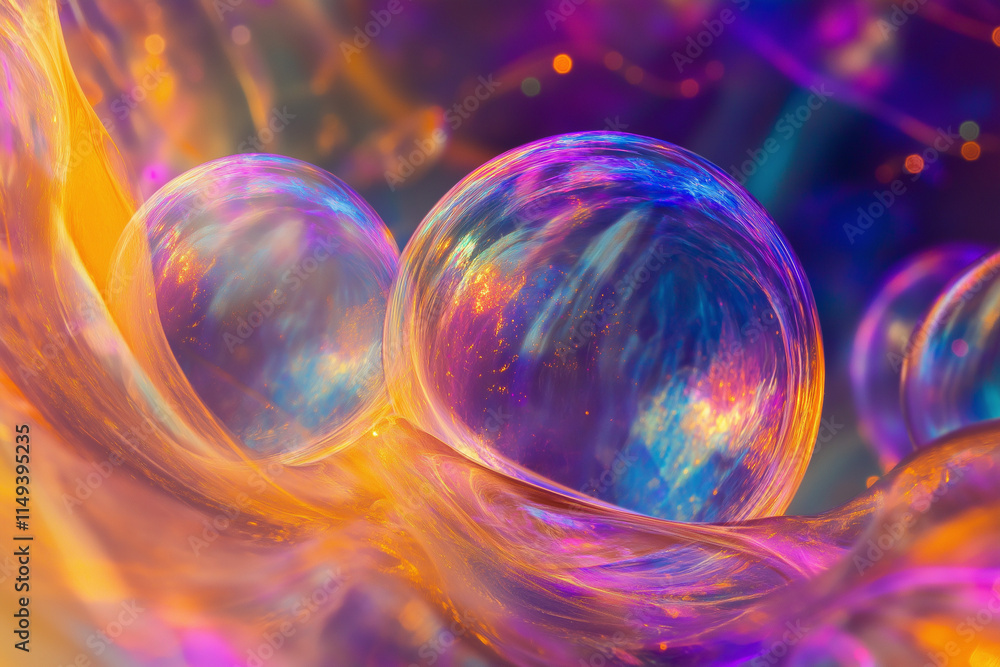 Poster fluid soap bubble psychedelic colorful abstract art. surreal patterns with rainbows and waves of col