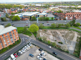 An Aerial View of Downtown and Central Derby City Centre of Midlands England, Great Britain