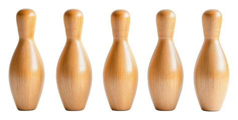 Five wooden bowling pins lined up, isolated. Classic sports game equipment concept