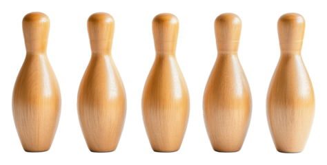 Five wooden bowling pins lined up, isolated. Classic sports game equipment concept