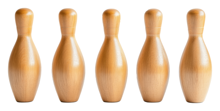 Five wooden bowling pins lined up, isolated. Classic sports game equipment concept